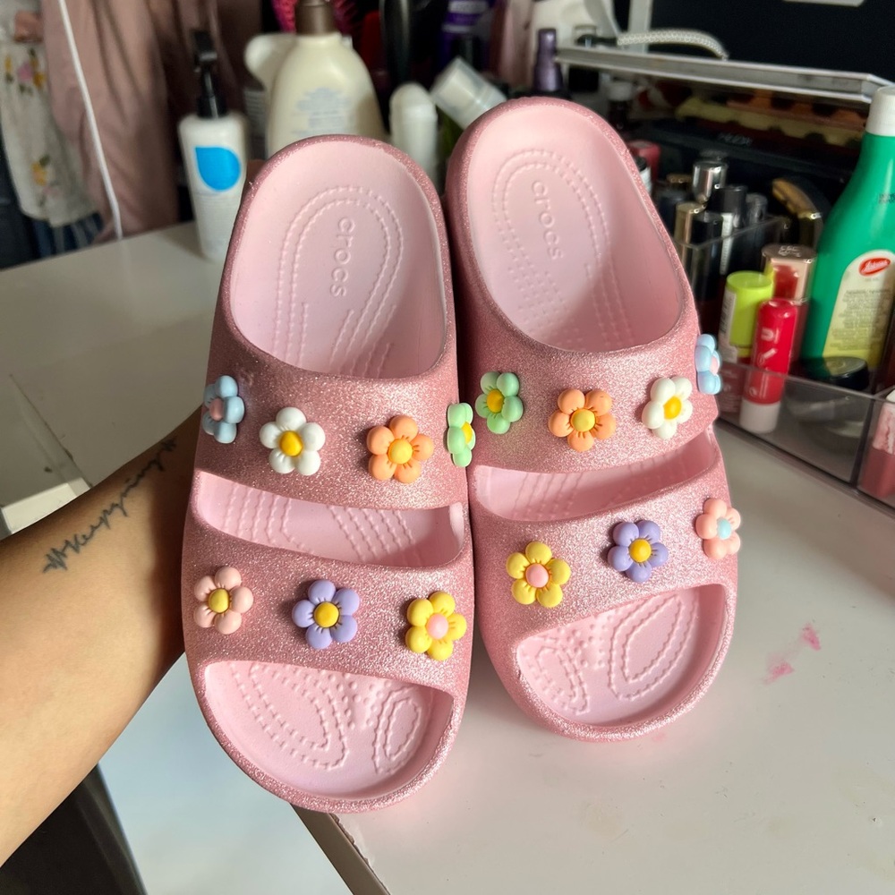 CROCS Kids Pink Sandals with Colorful Flowers